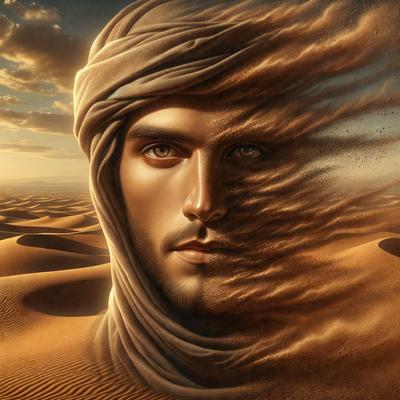 Primary subject: A man with a beard and a brown hooded robe.

Setting/background: A desert landscape with sand and a sky background.

Visual style: Digital art.

Colors and mood: The image is in black and white, giving it a classic and timeless feel.